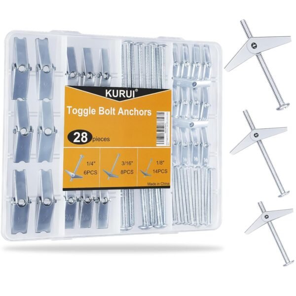 KURUI 28Pcs Heavy Duty Hollow Wall Anchors for Drywall Ceiling, Toggle Bolts and Wing Nut Kit, Metal Drywall Anchors and Screws Assortment Set, 3 Sizes Butterfly Anchors (1/8in, 3/16in, 1/4in)
