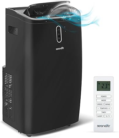 SereneLife SLPAC242B Portable Air Conditioner-12000 BTU Capacity (ASHRAE) Compact Home A/C Cooling Unit with Built-in Dehumidifier & Fan Modes, Includes Window Mount Kit (Black), Stadard