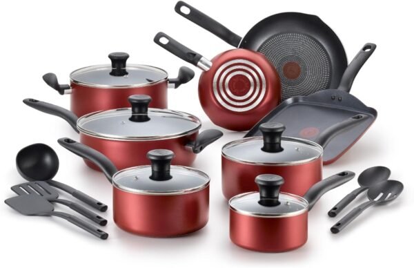 71VKkiKsJ2L._AC_SL1500_.jpg T-fal Initiatives Nonstick Cookware Set 18 Piece, Oven Broiler Safe 350F, Kitchen Cooking Set w/ Fry Pans, Saucepans, Saute Pan, Dutch Oven, Griddle, Pots and Pans, Home, Dishwasher Safe, Red