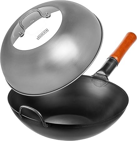 81fv2A6kBcL._AC_SY450_.jpg YOSUKATA Carbon Steel Wok Pan – 13,5 “ Woks and Stir Fry Pans + Wok Lid 12.8 Inch - Premium Stainless Wok Cover with Tempered Glass Insert Steam Holes and Ergonomic Handle
