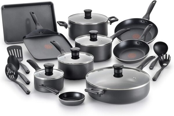 81kXLJUdy0L._AC_SL1500_.jpg T-fal Everything in Kitchen Dishwasher Safe Cookware Set, 20-Piece, Black