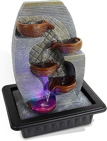 Electric Meditation Water Fountain Decor - 4-Tier Cool Portable Desktop Tabletop Decorative Indoor Outdoor Zen Waterfall Decoration w/LED, Submersible Pump and Power Adapter - SereneLife AZSLTWF87LED