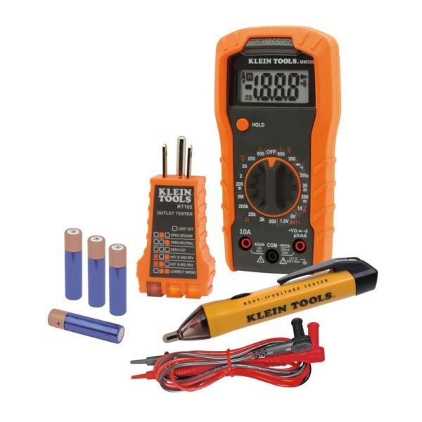 51r13Cms0gL._SL1000_.jpg Klein Tools 69149P Electrical Test Kit with Digital Multimeter, Non-Contact Voltage Tester and Electrical Outlet Tester, Leads and Batteries