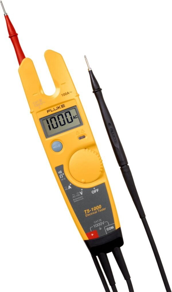 61d7kC8H-vL._AC_SL1500_.jpg Fluke T5-1000 Voltage, Continuity and Current Tester, OpenJaw Design For Current Measurements Without Metallic Contact, Includes Detachable Slim Reach Probe Tips, Auto Selects AC or DC Voltage